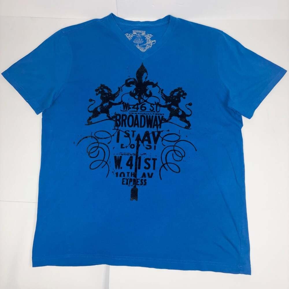Express Men Broadway Graphic V-Neck T-Shirt Blue Size XL